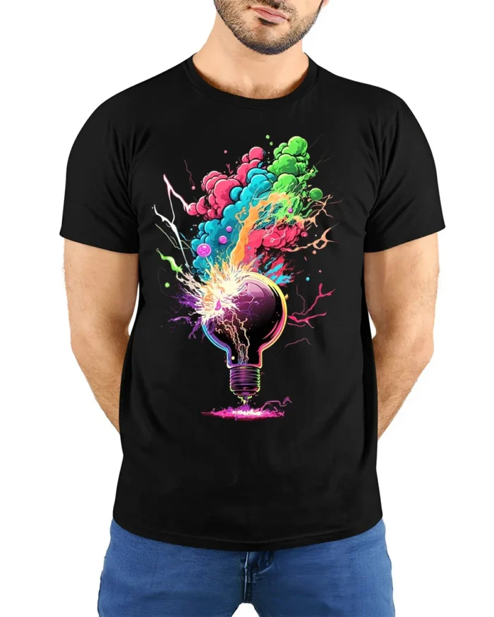 Exploding Lightbulb T-Shirt Neon Creative Burst - model wearing black shirt, hands behind back