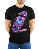 Skateboard Splash T-Shirt Colorful Street Style - model wearing black shirt, hands behind back