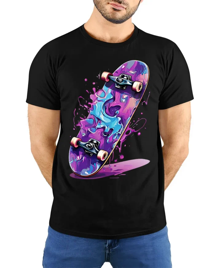 Skateboard Splash T-Shirt Colorful Street Style - model wearing black shirt, hands behind back