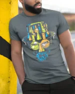 Mad Science Lab Face Graphic T-Shirt Cool Chemistry - model in grey shirt leaning against column