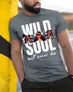 Wild Soul Tiger Eyes Graphic T-Shirt Soft Cotton - model in grey shirt leaning against column