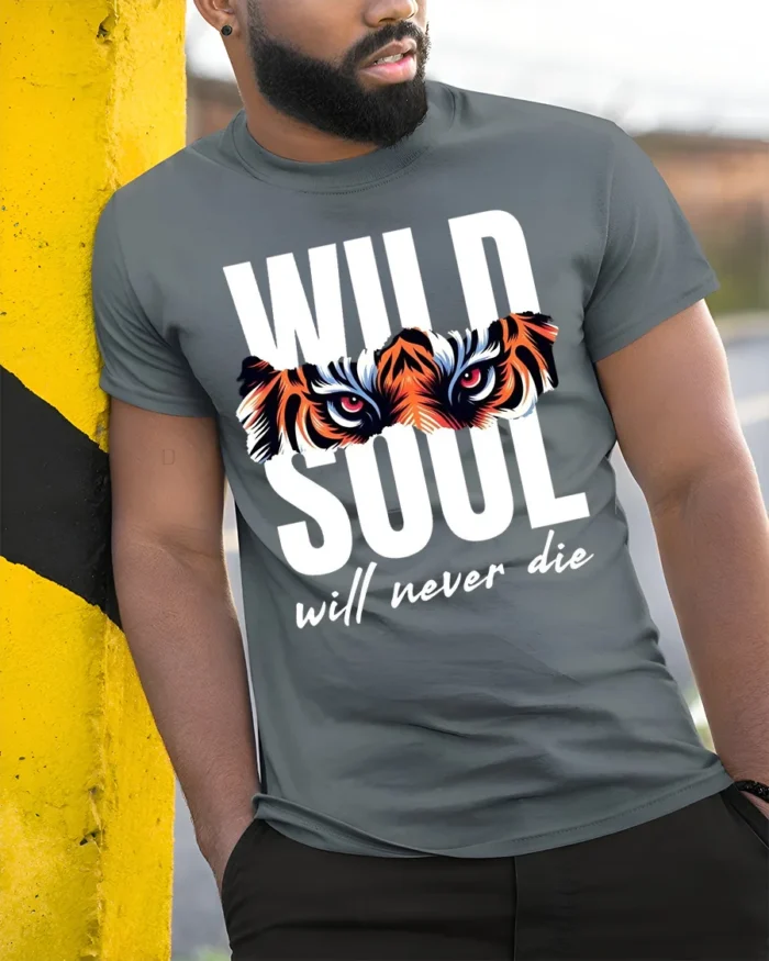 Wild Soul Tiger Eyes Graphic T-Shirt Soft Cotton - model in grey shirt leaning against column
