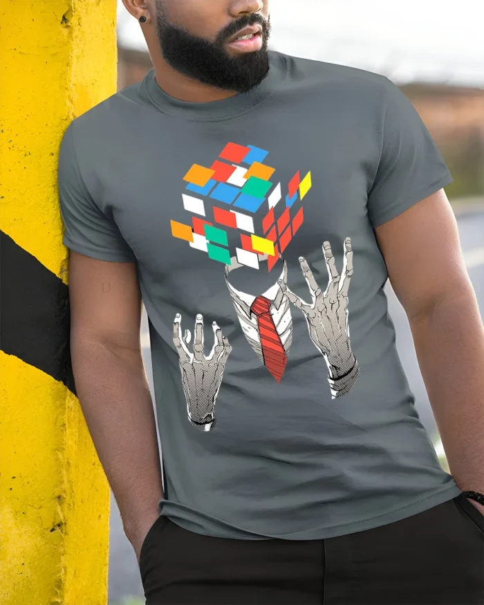 Mind Puzzle Rubik’s Cube Head T-Shirt Soft Cotton - model in grey shirt leaning against column