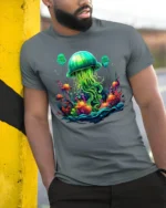 Glow in the Deep Jellyfish T-Shirt Vibrant Ocean - model in grey shirt leaning against column