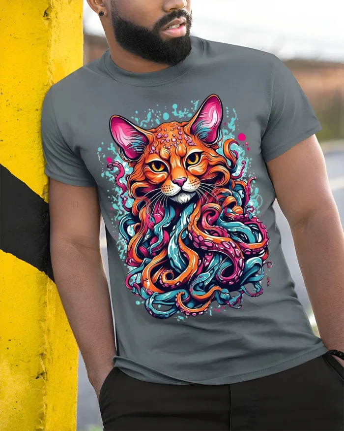 Psychedelic Cat Kraken T-Shirt Bold Octopus Tentacles - model in grey shirt leaning against column