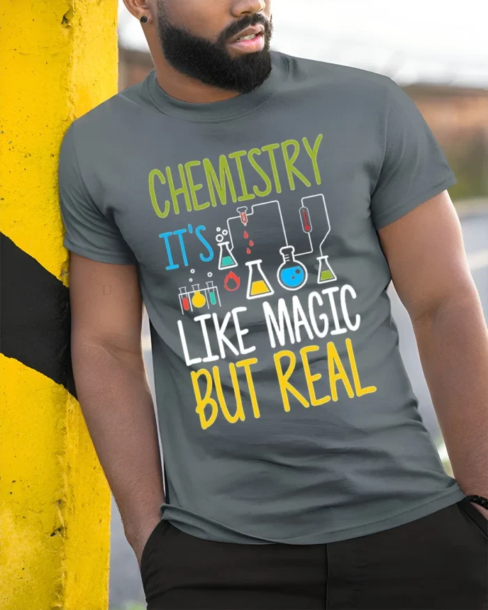 Chemistry Like Magic T-Shirt Funny Science Teacher - model in grey shirt leaning against column
