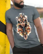 Futuristic Pharaoh T-Shirt Sci Fi Egyptian King Graphic - model in grey shirt leaning against column