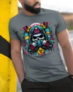 Toxic Skull Gas Mask T-Shirt Biohazard Warning Graphic - model in grey shirt leaning against column