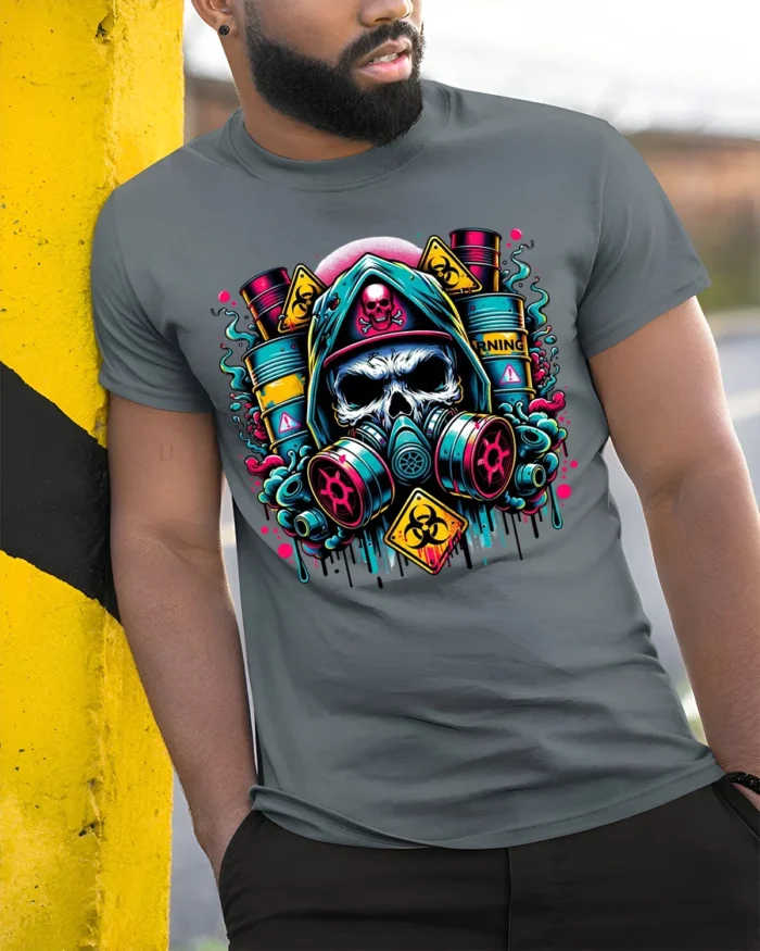 Toxic Skull Gas Mask T-Shirt Biohazard Warning Graphic - model in grey shirt leaning against column