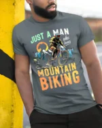 Just a Man Who Loves Mountain Biking T-Shirt Rider - model in grey shirt leaning against column