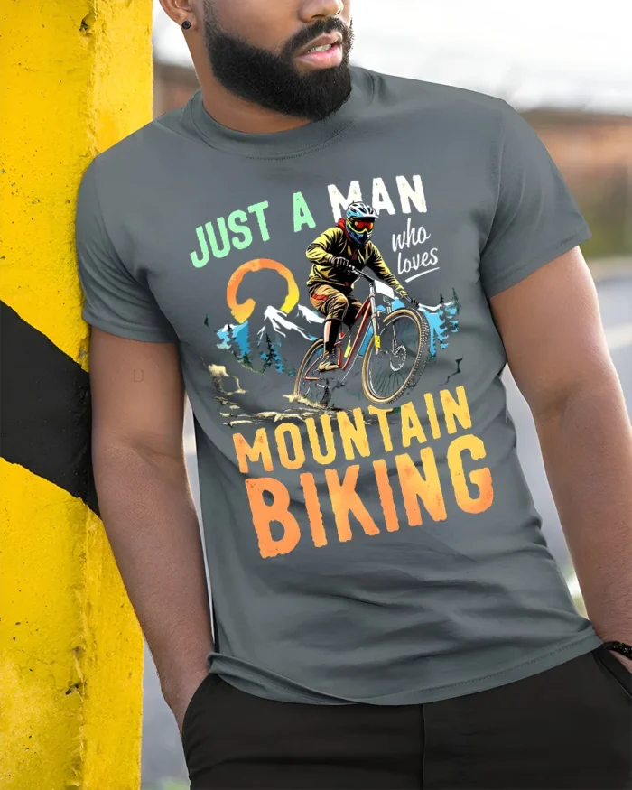 Just a Man Who Loves Mountain Biking T-Shirt Rider - model in grey shirt leaning against column