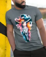 Jesus Crucifixion T-Shirt Christian Faith Graphic - model in grey shirt leaning against column