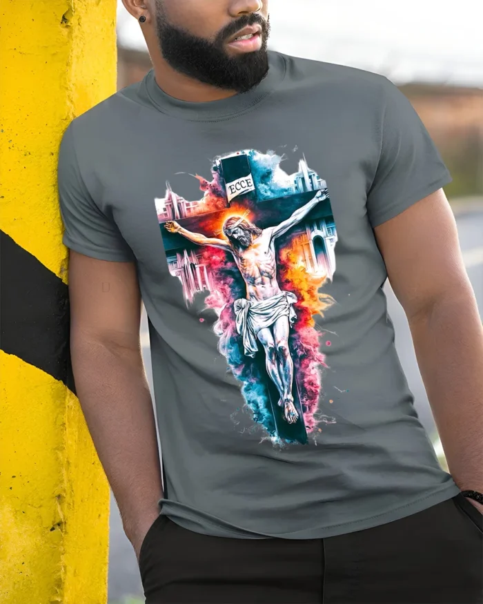 Jesus Crucifixion T-Shirt Christian Faith Graphic - model in grey shirt leaning against column