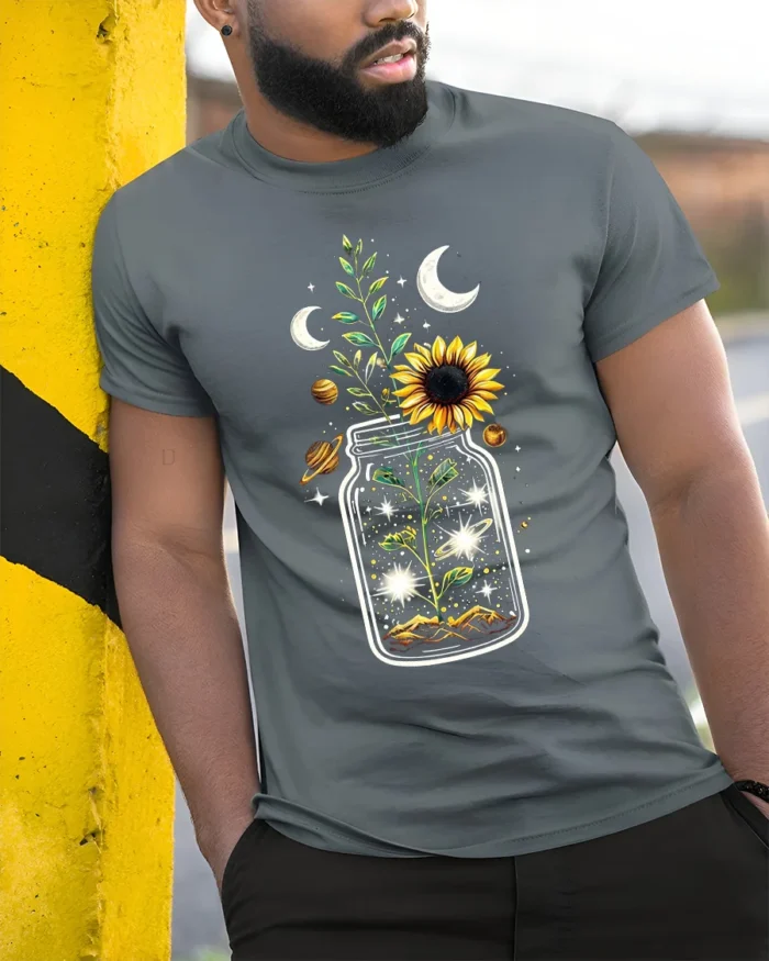 Cosmic Sunflower in Jar T-Shirt Nature Universe - model in grey shirt leaning against column