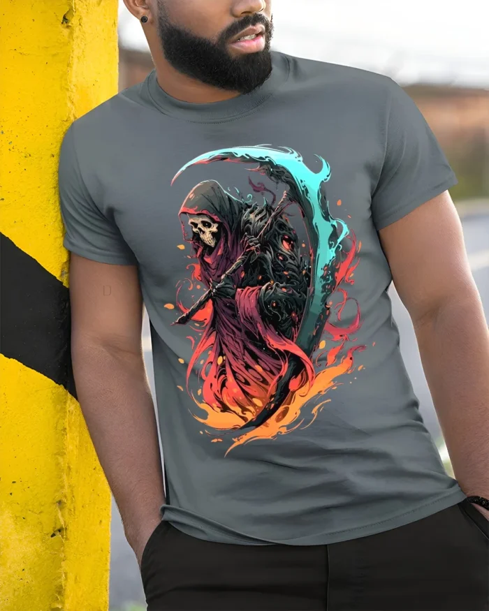 Fiery Grim Reaper T-Shirt Skull Scythe Flame Art - model in grey shirt leaning against column