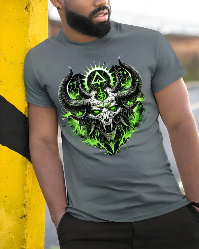Green Demon Skull T-Shirt Horned Neon Gothic Art - model in grey shirt leaning against column