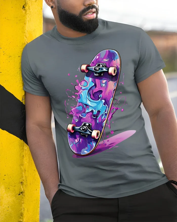 Skateboard Splash T-Shirt Colorful Street Style - model in grey shirt leaning against column