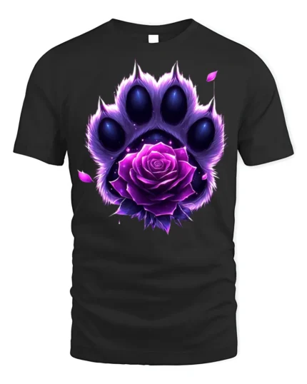 Purple Rose Paw T-Shirt Animal Spirit Floral Tee - black t-shirt on white background