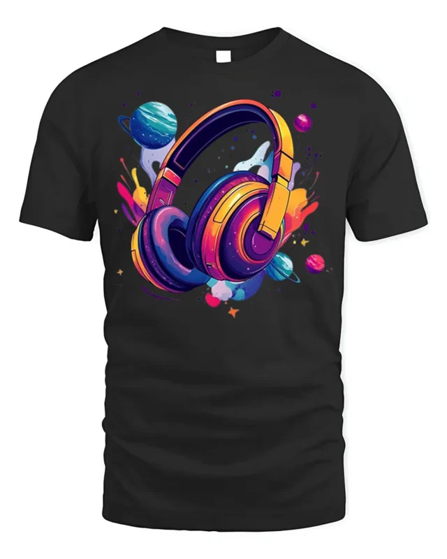 Space Headphones T-Shirt Galaxy Music Lover - black t-shirt on white background
