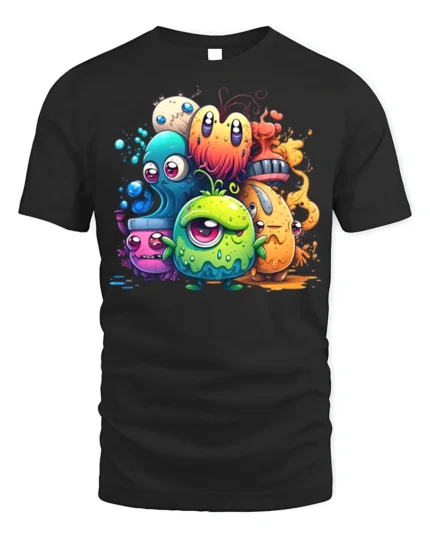 Cute Colorful Monster T-Shirt Funny Cartoon Creature - black t-shirt on white background