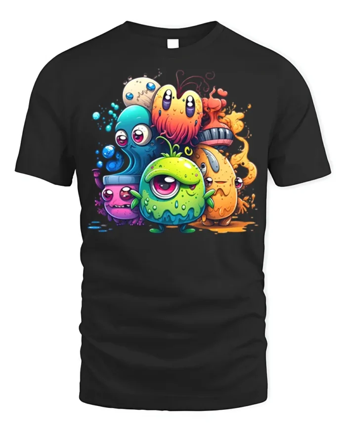 Cute Colorful Monster T-Shirt Funny Cartoon Creature - black t-shirt on white background