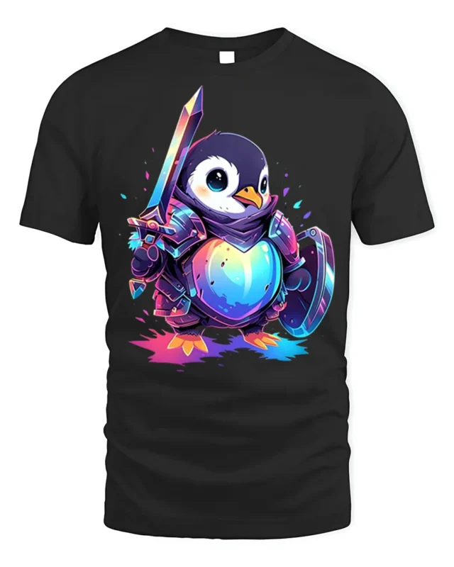 Warrior Penguin T-Shirt Cute Fantasy Sword Armor - black t-shirt on white background