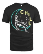 Chill Skeleton Moon T-Shirt Relaxed Cosmic Vibe - black t-shirt on white background