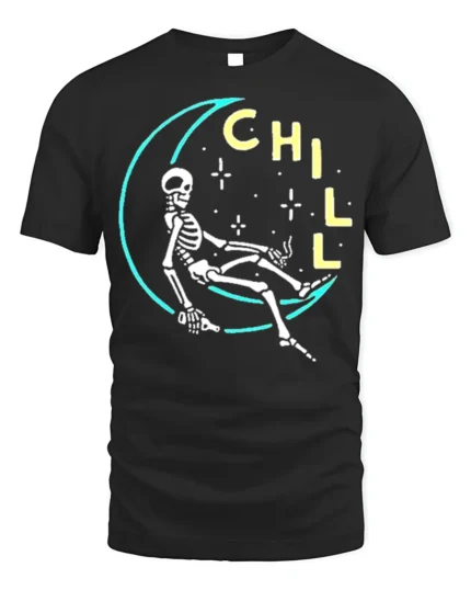 Chill Skeleton Moon T-Shirt Relaxed Cosmic Vibe - black t-shirt on white background