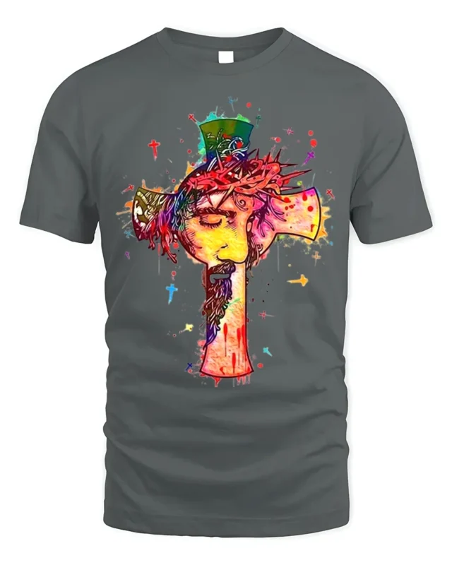 Jesus Cross Art T-Shirt Christian Faith Graphic Tee - gray t-shirt on white background