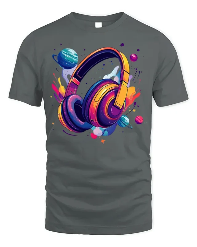 Space Headphones T-Shirt Galaxy Music Lover - gray t-shirt on white background