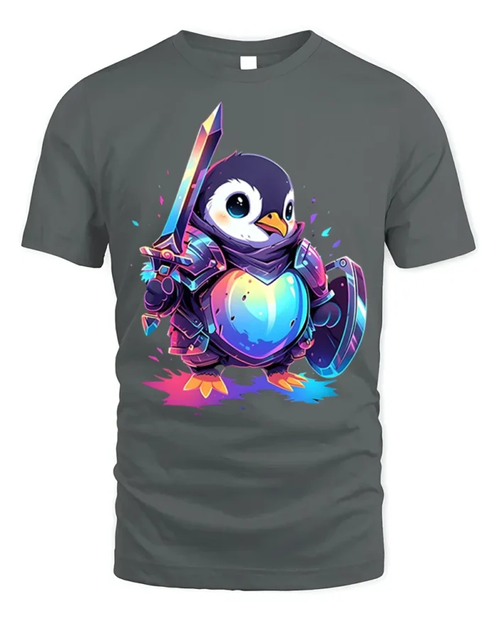 Warrior Penguin T-Shirt Cute Fantasy Sword Armor - gray t-shirt on white background