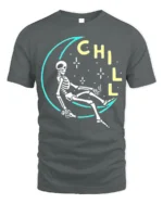 Chill Skeleton Moon T-Shirt Relaxed Cosmic Vibe - gray t-shirt on white background