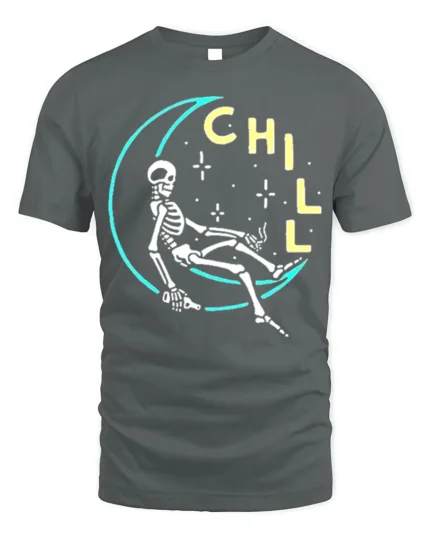 Chill Skeleton Moon T-Shirt Relaxed Cosmic Vibe - gray t-shirt on white background