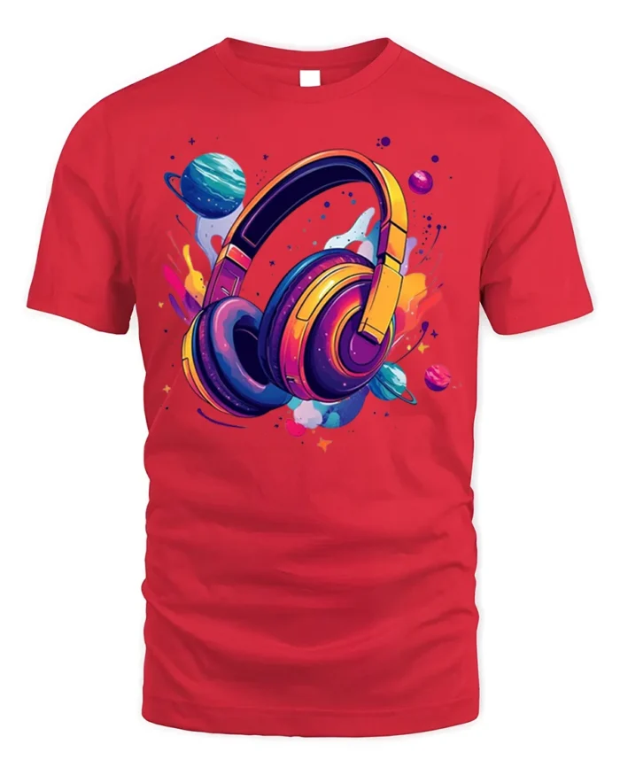 Space Headphones T-Shirt Galaxy Music Lover - red t-shirt on white background