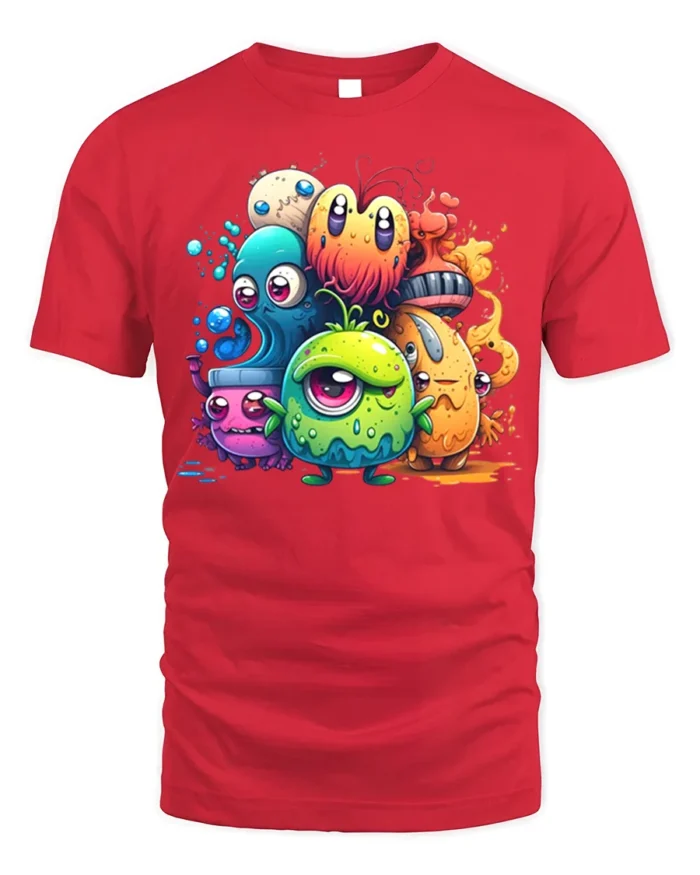Cute Colorful Monster T-Shirt Funny Cartoon Creature - red t-shirt on white background