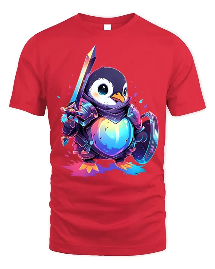 Warrior Penguin T-Shirt Cute Fantasy Sword Armor - red t-shirt on white background