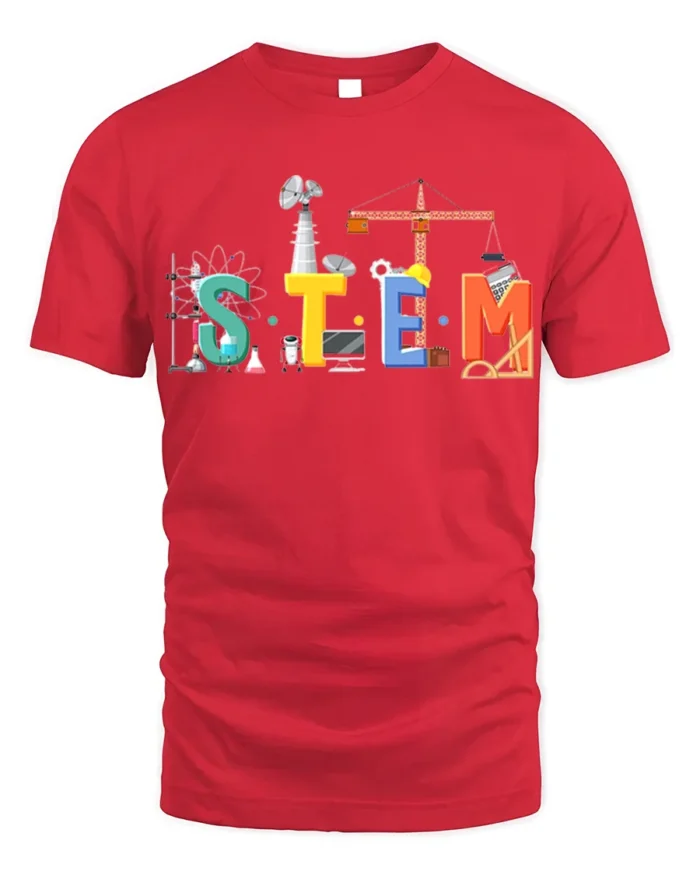 STEM Education T-Shirt Science Tech Engineering Math - red t-shirt on white background