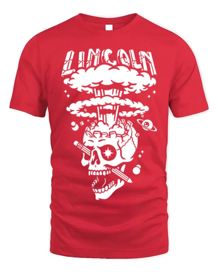 Lincoln Skull Explosion T-Shirt Bold Graphic Art - red t-shirt on white background