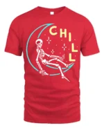 Chill Skeleton Moon T-Shirt Relaxed Cosmic Vibe - red t-shirt on white background