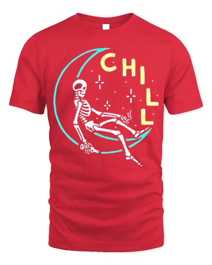 Chill Skeleton Moon T-Shirt Relaxed Cosmic Vibe - red t-shirt on white background