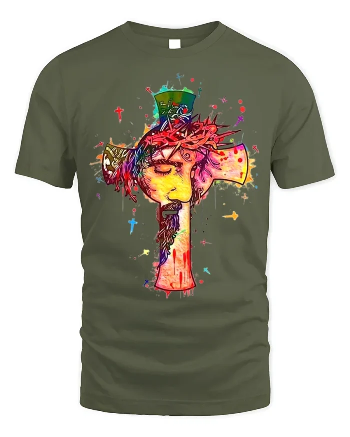 Jesus Cross Art T-Shirt Christian Faith Graphic Tee - military green t-shirt on white background