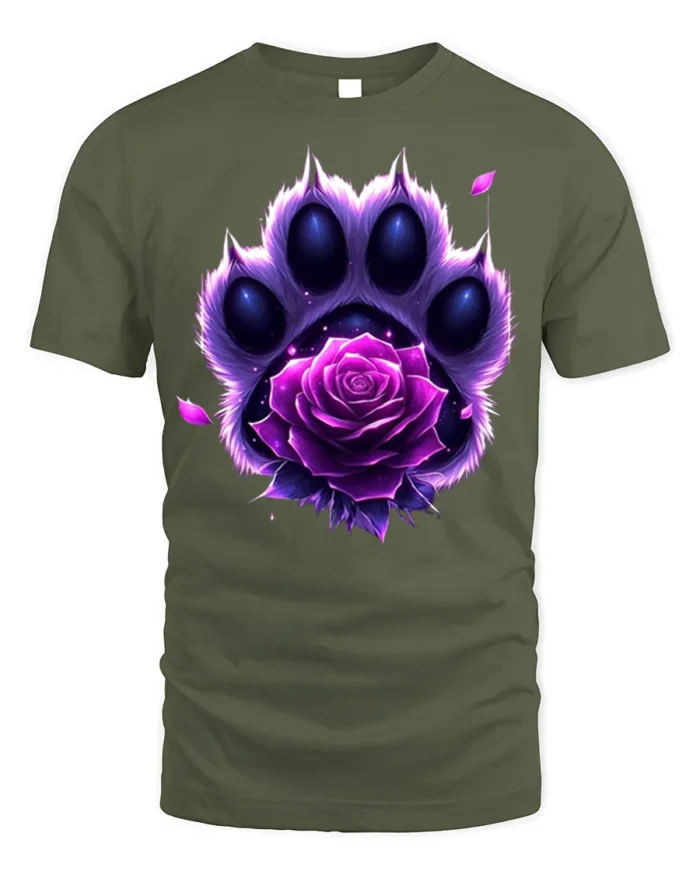 Purple Rose Paw T-Shirt Animal Spirit Floral Tee - military green t-shirt on white background