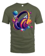 Space Headphones T-Shirt Galaxy Music Lover - military green t-shirt on white background