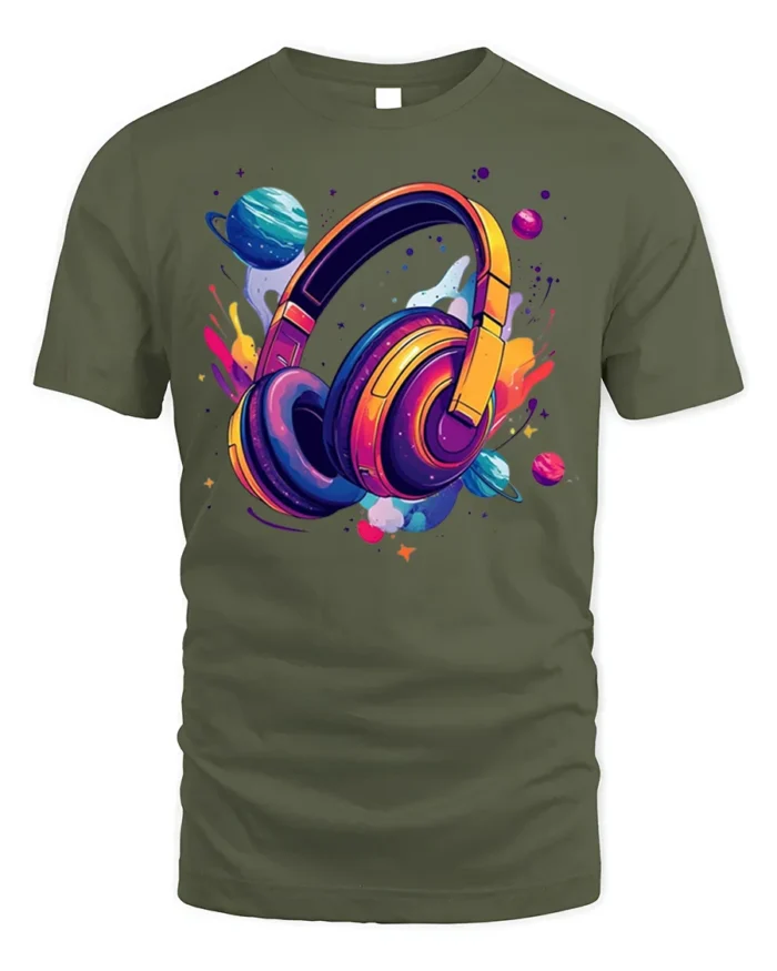 Space Headphones T-Shirt Galaxy Music Lover - military green t-shirt on white background