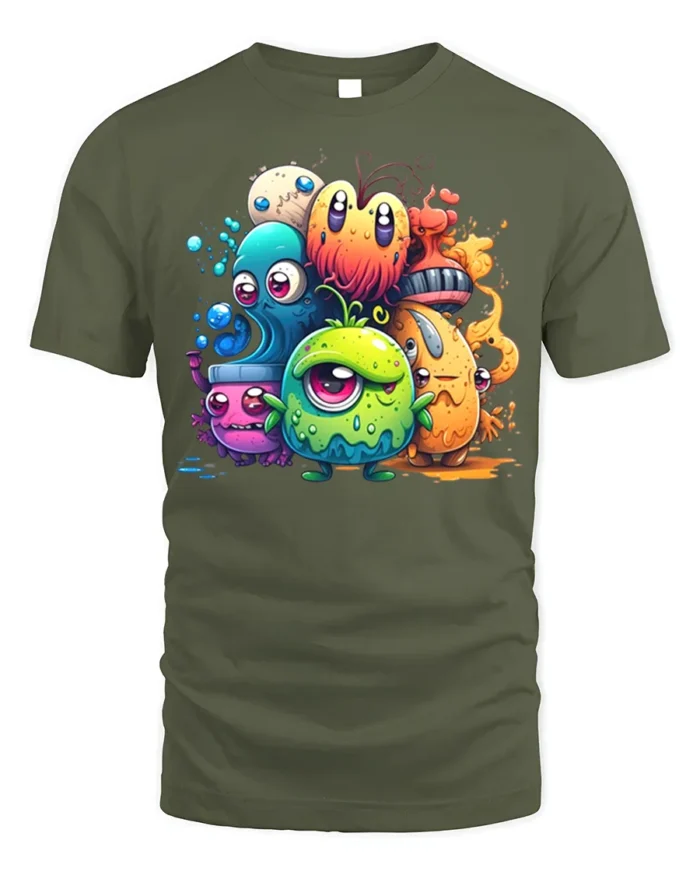 Cute Colorful Monster T-Shirt Funny Cartoon Creature - military green t-shirt on white background