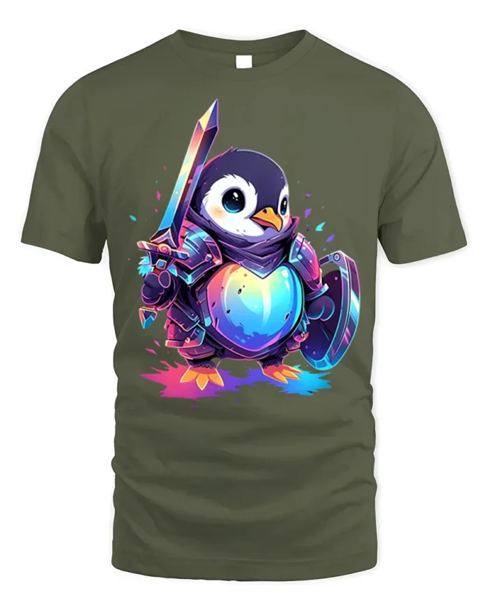 Warrior Penguin T-Shirt Cute Fantasy Sword Armor - military green t-shirt on white background