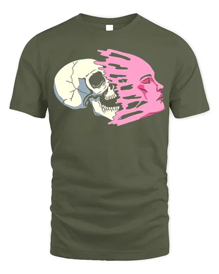 Life and Death Face Split T-Shirt Bold Graphic Streetwear - military green t-shirt on white background