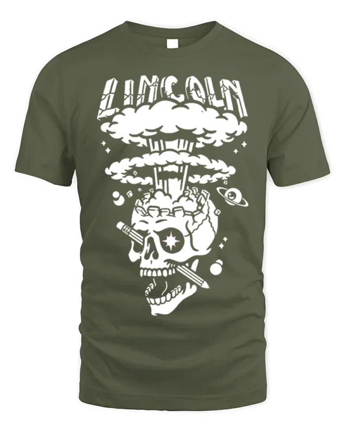 Lincoln Skull Explosion T-Shirt Bold Graphic Art - military green t-shirt on white background