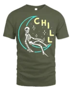 Chill Skeleton Moon T-Shirt Relaxed Cosmic Vibe - military green t-shirt on white background