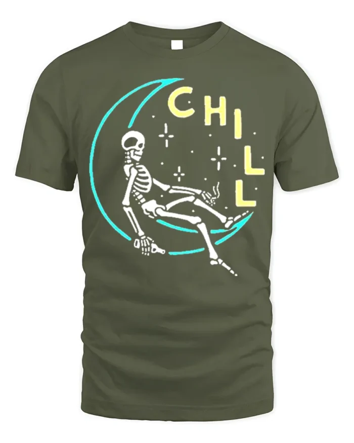 Chill Skeleton Moon T-Shirt Relaxed Cosmic Vibe - military green t-shirt on white background